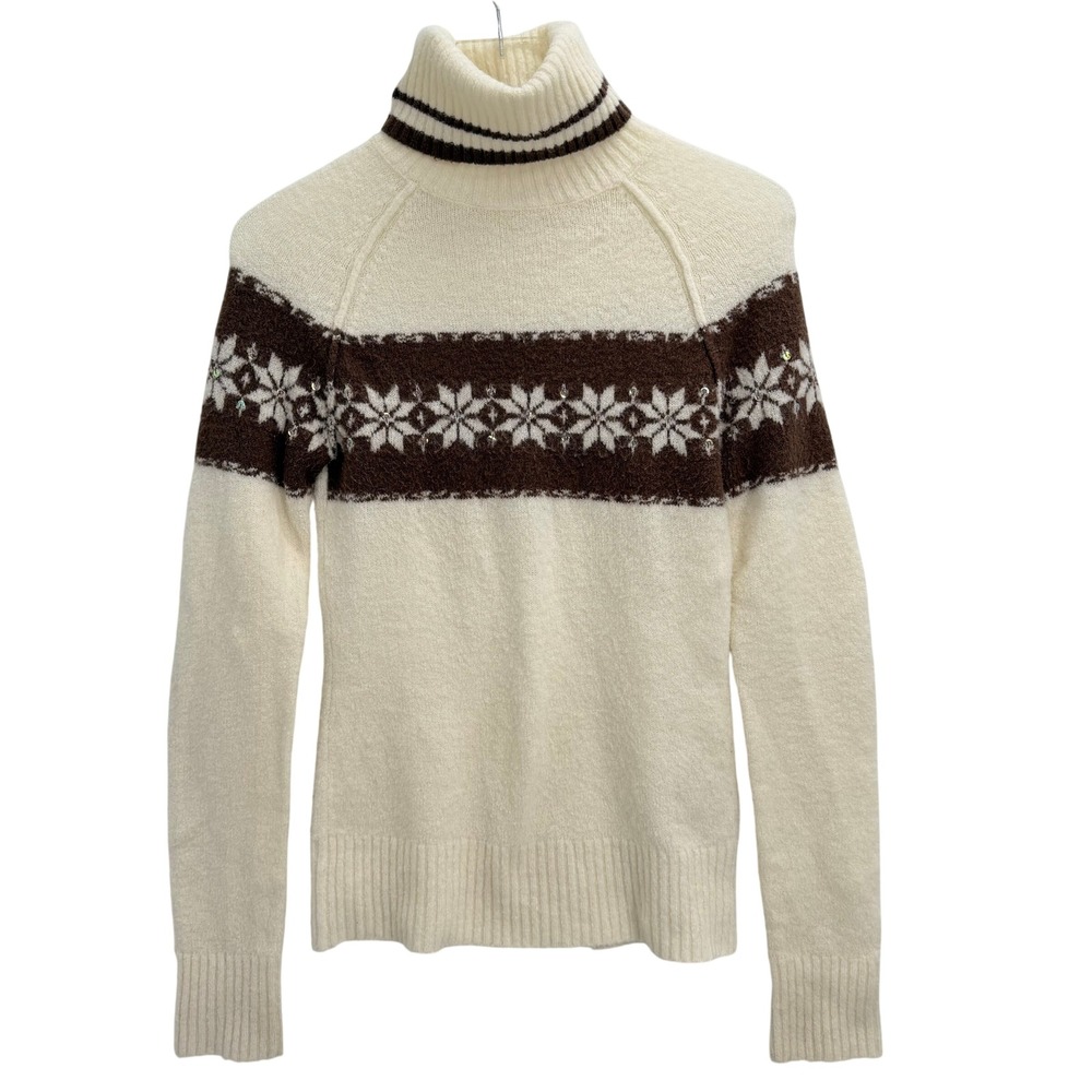 Y2K Arizona Jean Co Fair Isle Sweater Size M Turtleneck Brown Snowflake Sequin